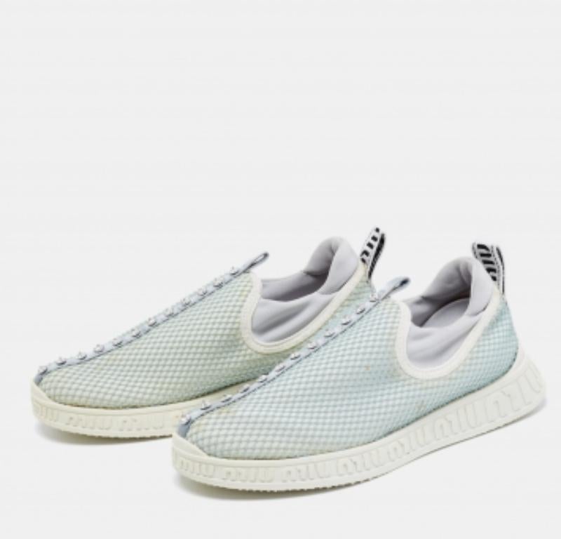 Gray Miu Miu Sea Green/Grey Mesh & Neoprene Crystal Slip-On Sneakers Size 37 For Sale