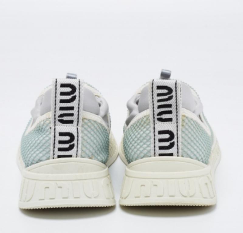 Miu Miu Sea Green/Grey Mesh & Neoprene Crystal Slip-On Sneakers Size 37 In Good Condition For Sale In Dubai, Al Qouz 2