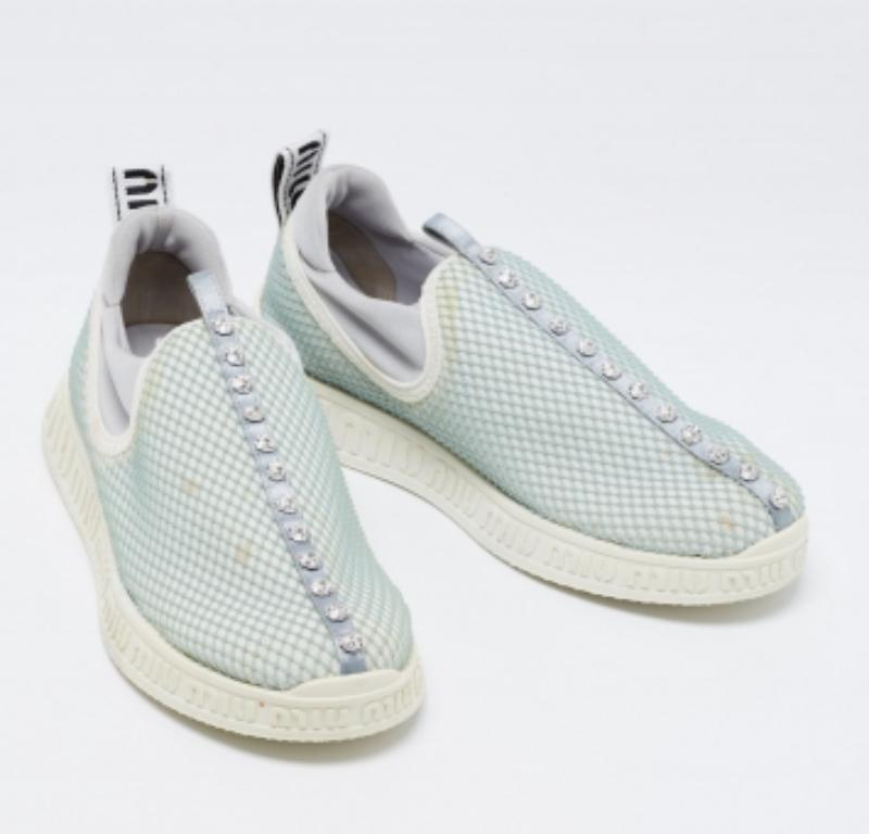 Women's Miu Miu Sea Green/Grey Mesh & Neoprene Crystal Slip-On Sneakers Size 37 For Sale