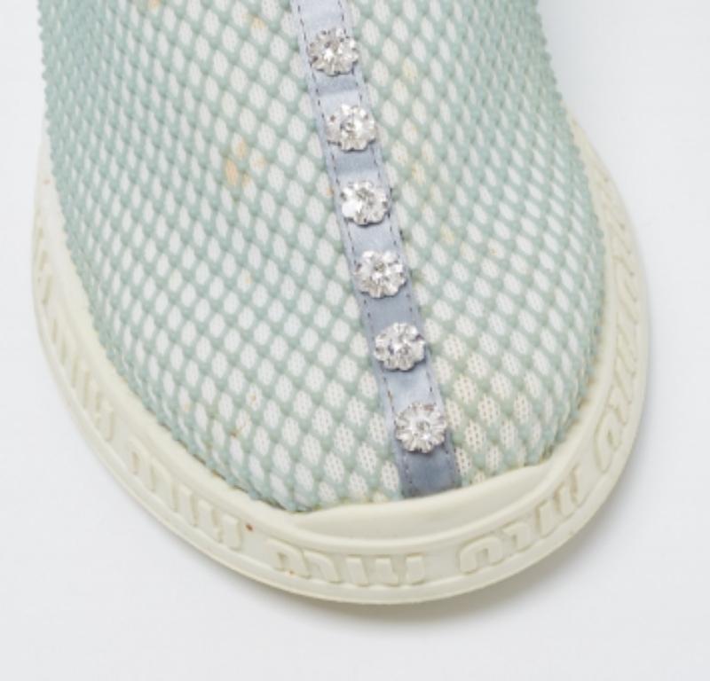 Miu Miu Sea Green/Grey Mesh & Neoprene Crystal Slip-On Sneakers Size 37 For Sale 1