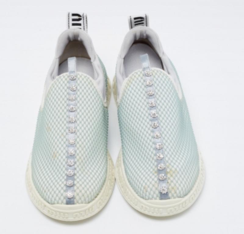 Miu Miu Sea Green/Grey Mesh & Neoprene Crystal Slip-On Sneakers Size 37 For Sale 2