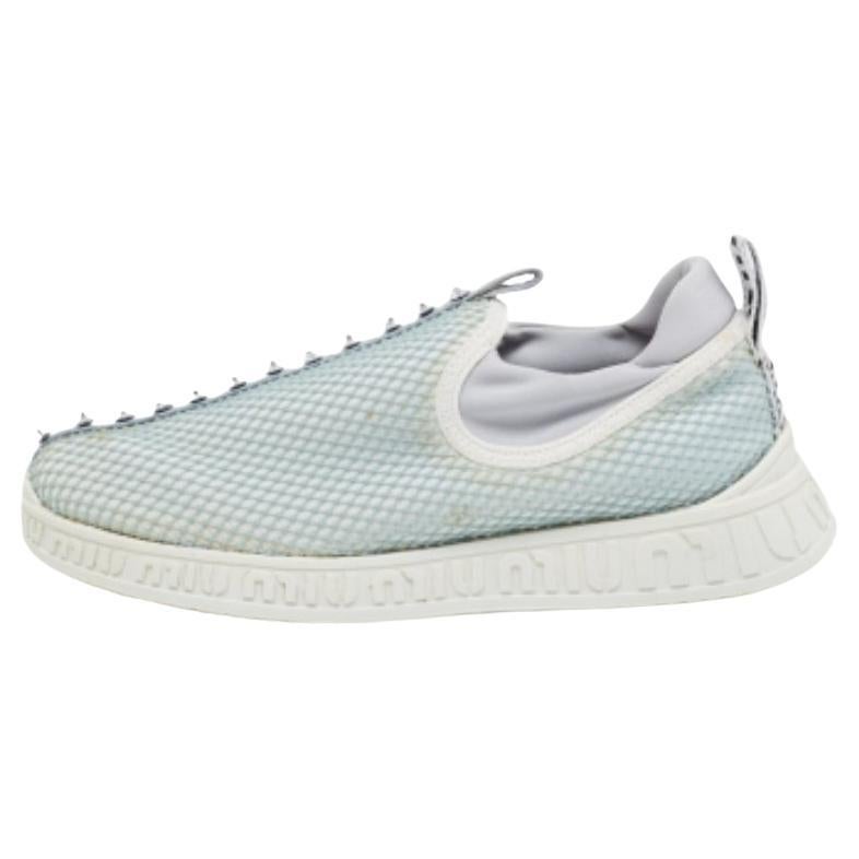 Miu Miu Sea Green/Grey Mesh & Neoprene Crystal Slip-On Sneakers Size 37 For Sale