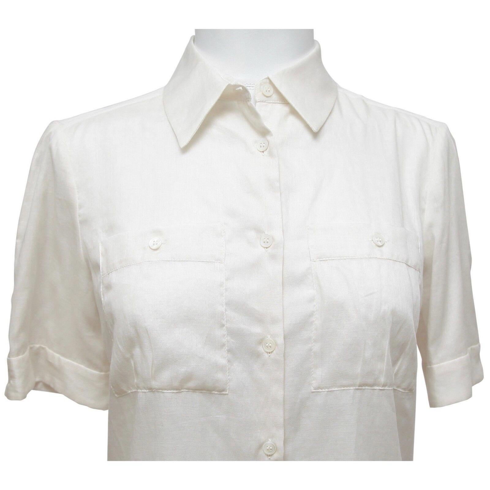 Gray MIU MIU Blouse Shirt Top Button Down Cotton Ivory Short Sleeve Sz 42 For Sale