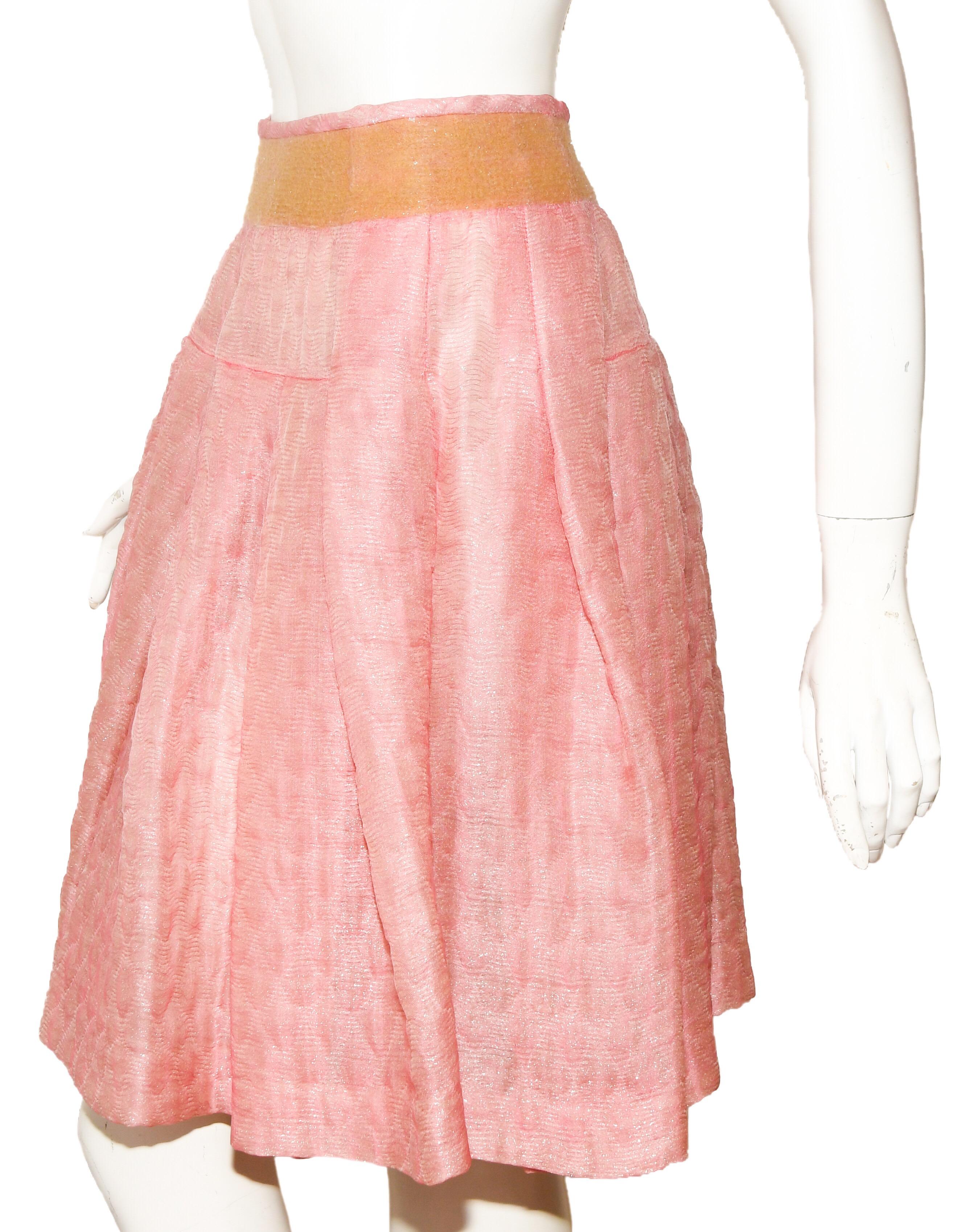 Women's Miu Miu Silk Blend Pink Quilted Skirt Accentuated with Silver Tone Threads   For Sale