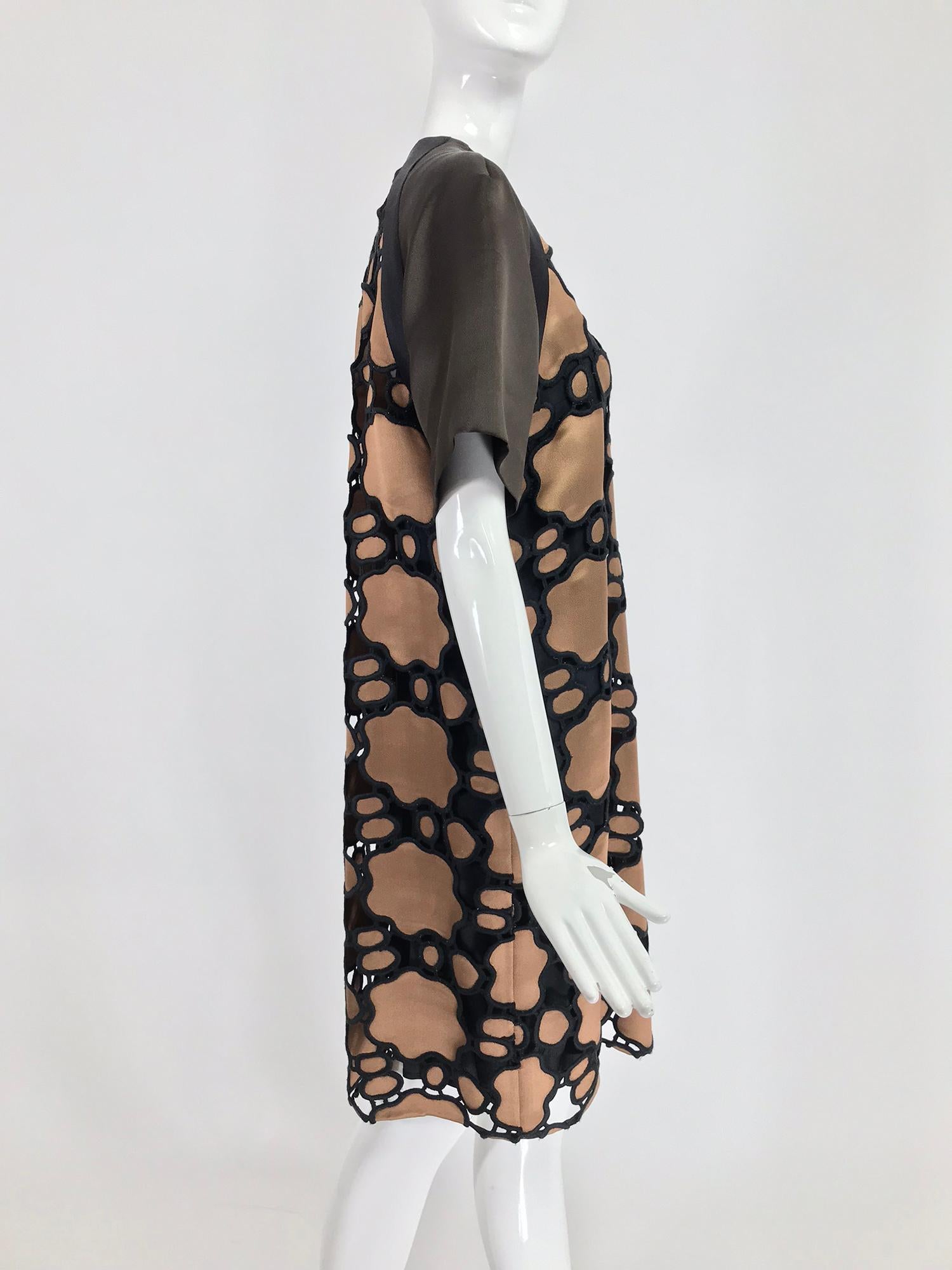 miu miu SIlk Cut Work Day Dress in Brown and Black with Orange For Sale 6