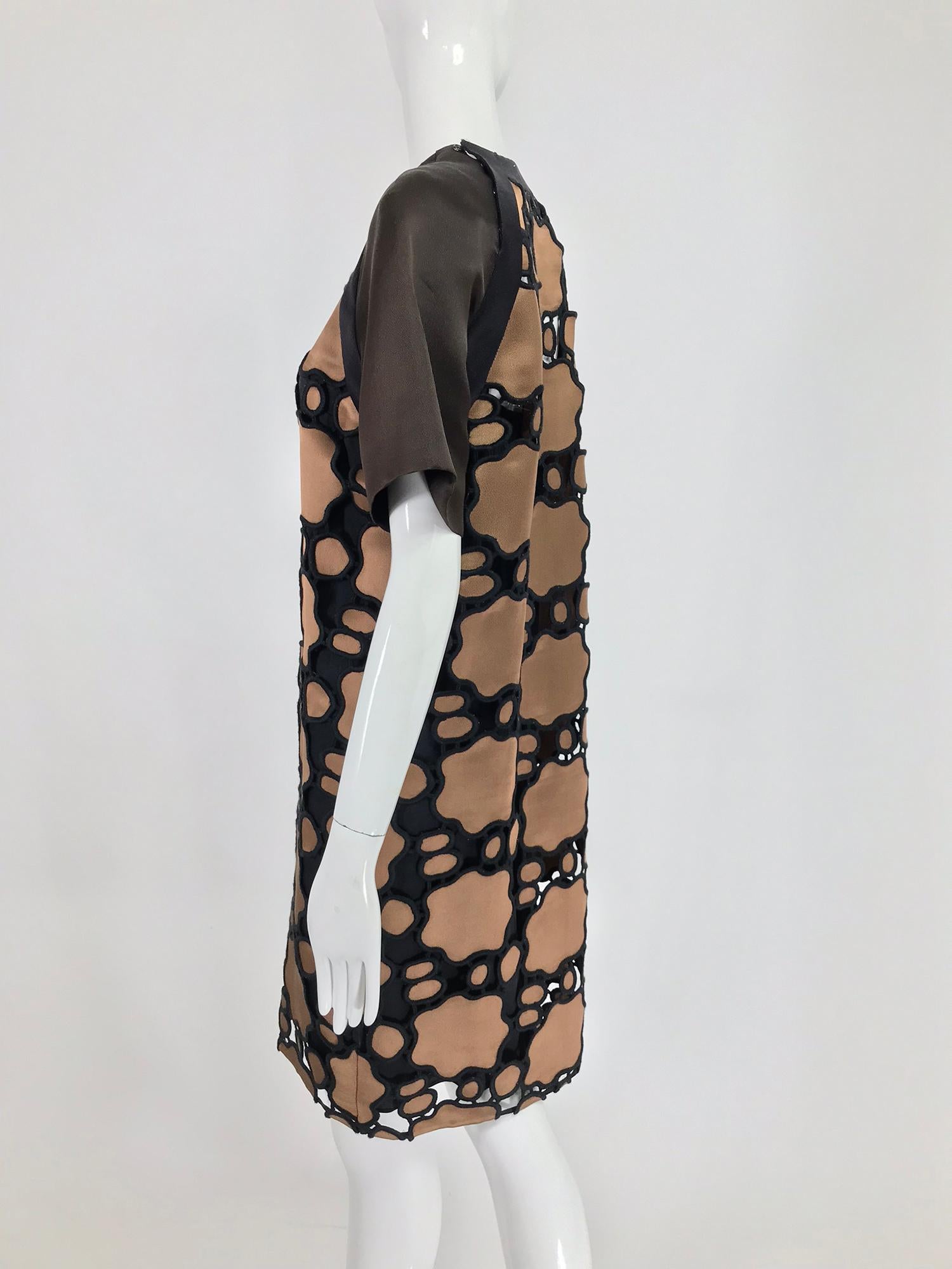 miu miu SIlk Cut Work Day Dress in Brown and Black with Orange In Good Condition For Sale In West Palm Beach, FL
