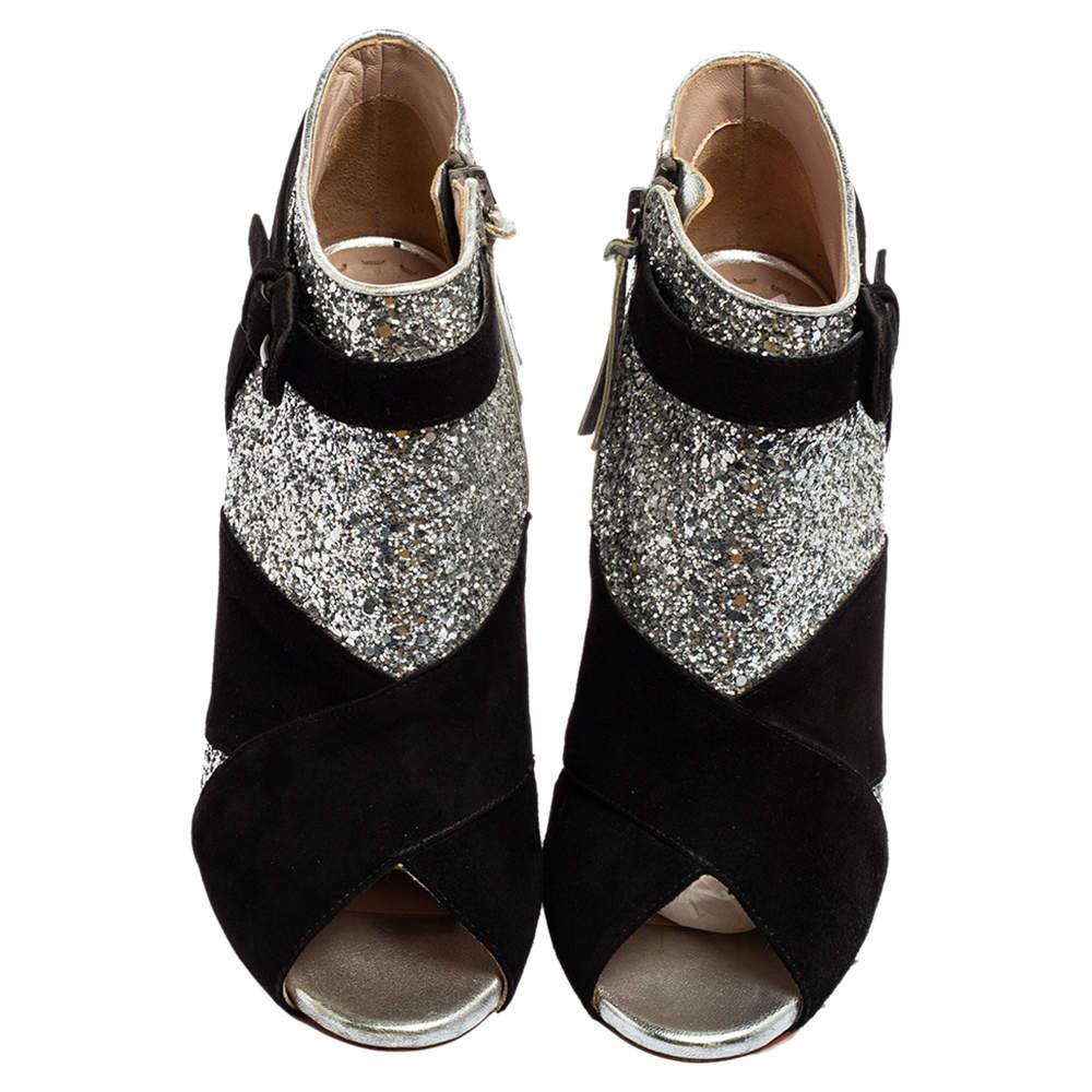 Miu Miu Silver/Black Glitter and Suede Peep-Toe Ankle Boots Size 37.5 In Good Condition In Dubai, Al Qouz 2