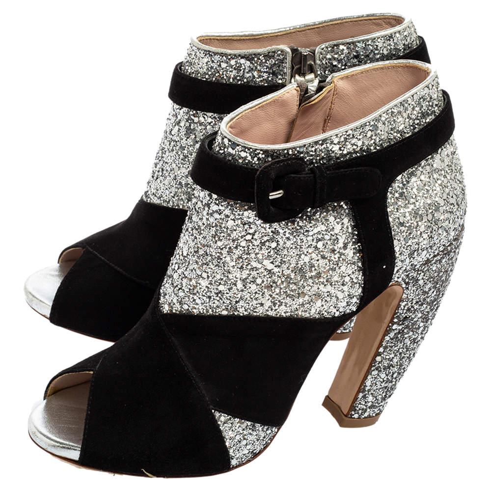 Women's Miu Miu Silver/Black Glitter and Suede Peep-Toe Ankle Boots Size 37.5