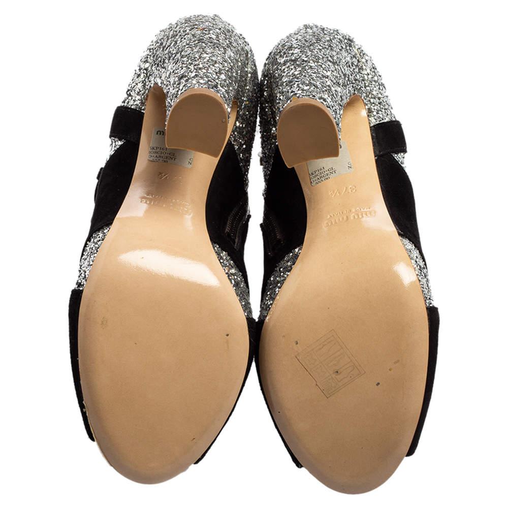 Miu Miu Silver/Black Glitter and Suede Peep-Toe Ankle Boots Size 37.5 2