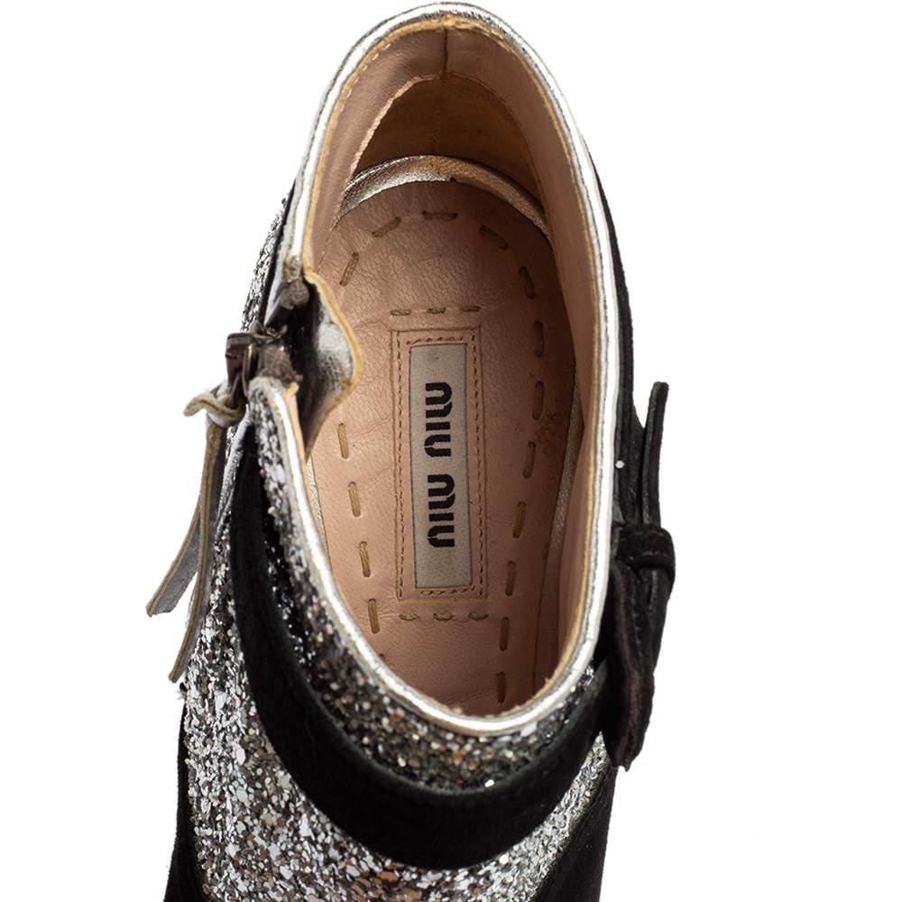 Miu Miu Silver/Black Glitter and Suede Peep-Toe Ankle Boots Size 37.5 3