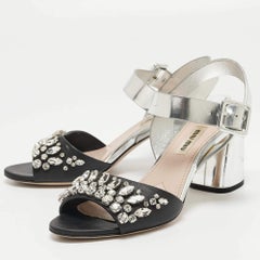 Miu Miu Silver/Black Leather Crystal Embellished Ankle Strap Sandals Size 35.5