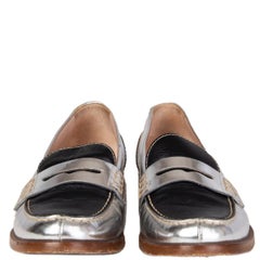 MIU MIU silver & black leather PENNY Loafers Flats Shoes 37.5