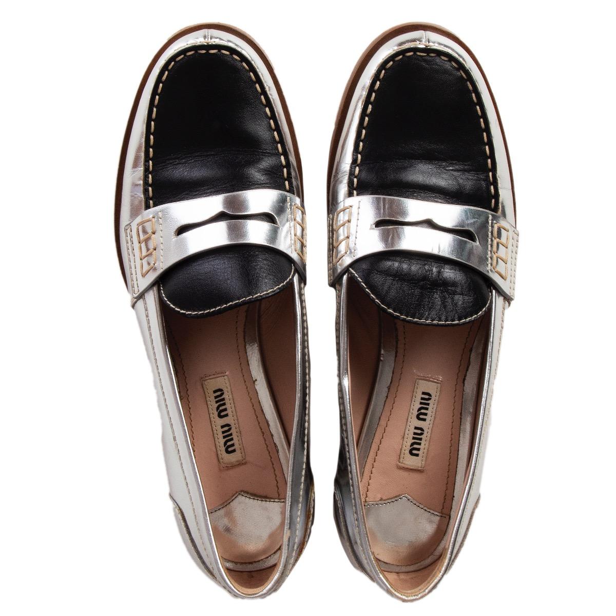 MIU MIU silver & black leather PENNY Loafers Flats Shoes 37.5 1