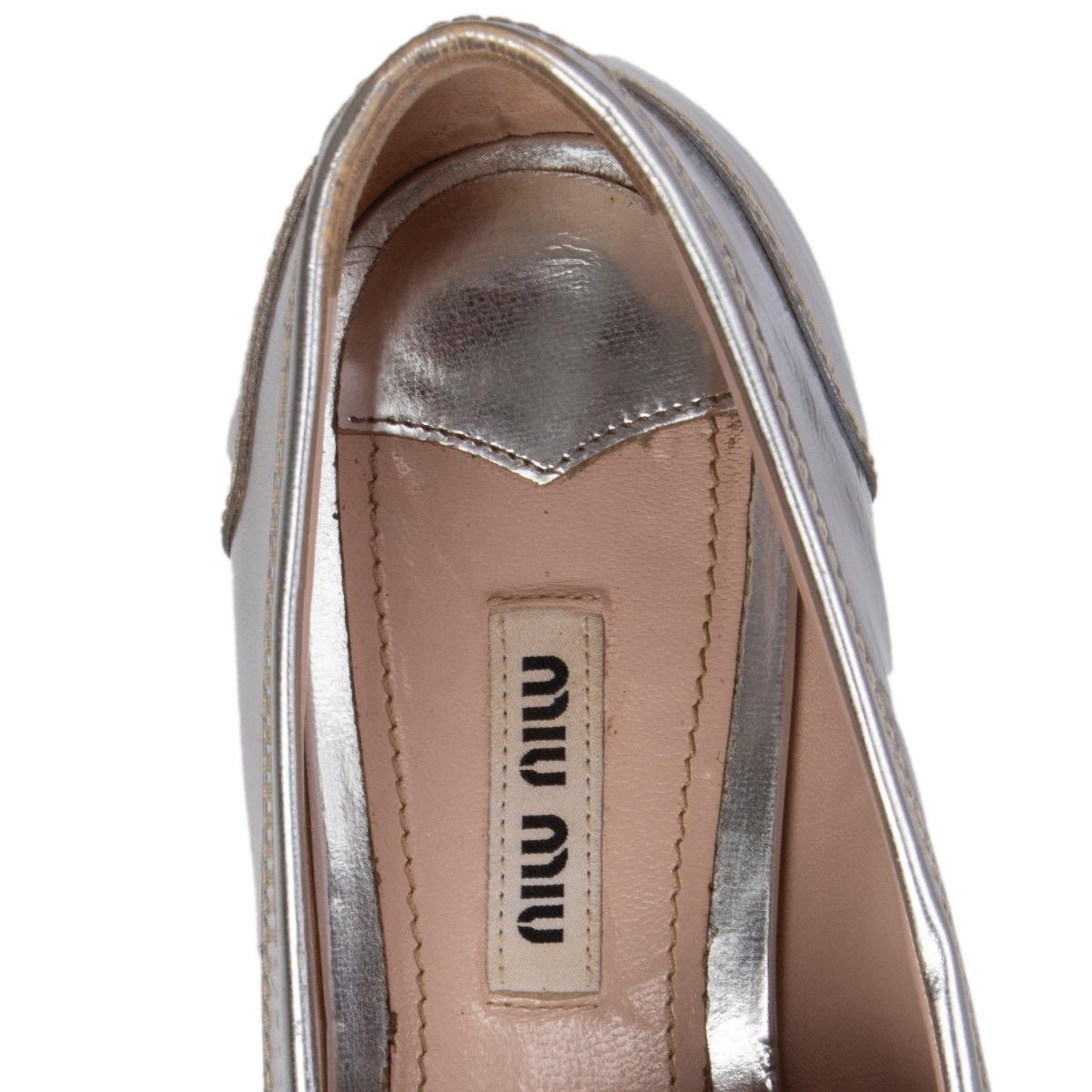 MIU MIU silver & black leather PENNY Loafers Flats Shoes 37.5 2