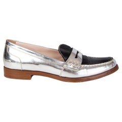 MIU MIU silver & black leather PENNY Loafers Flats Shoes 37.5