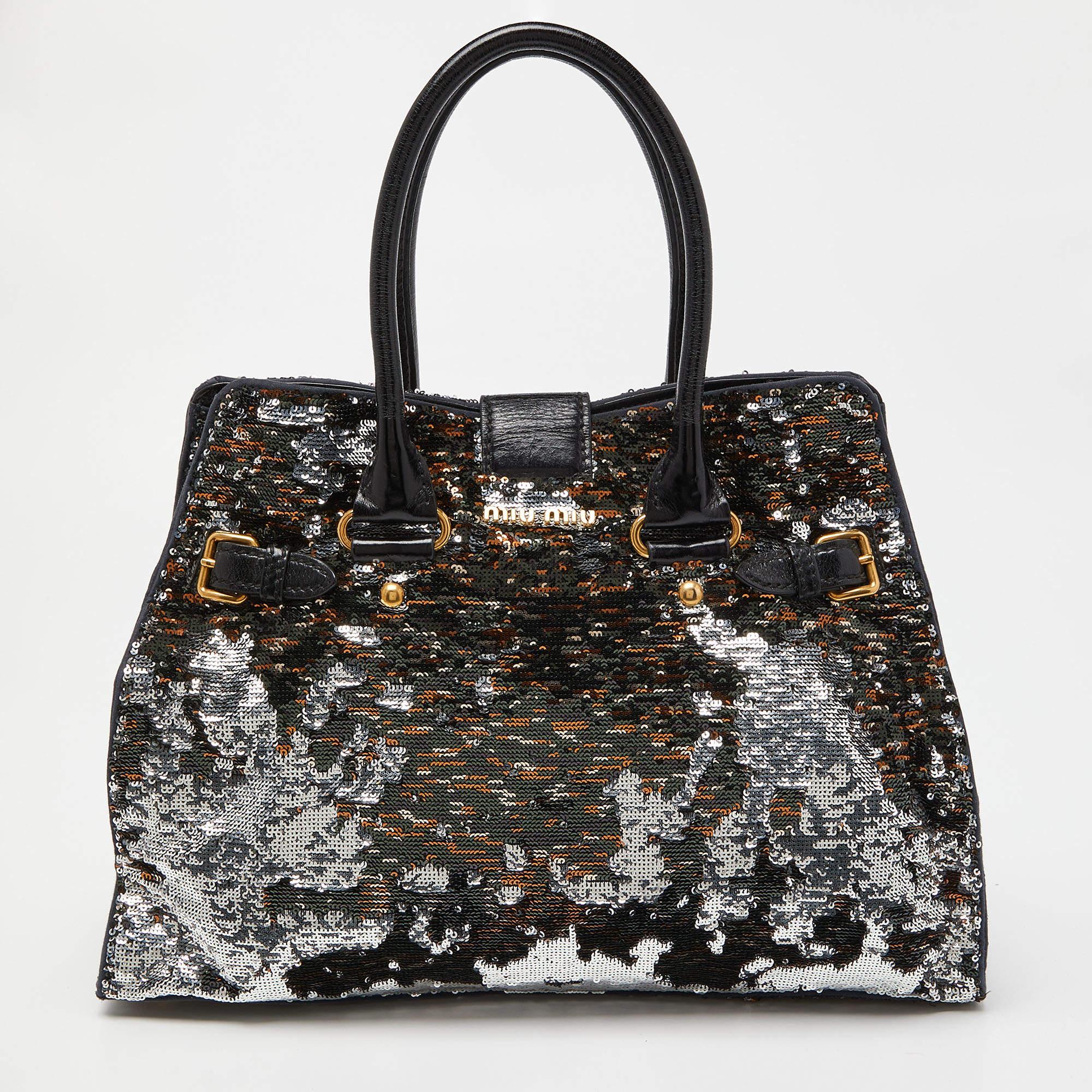 Miu Miu Silver/Black Sequins and Leather Tote For Sale 5