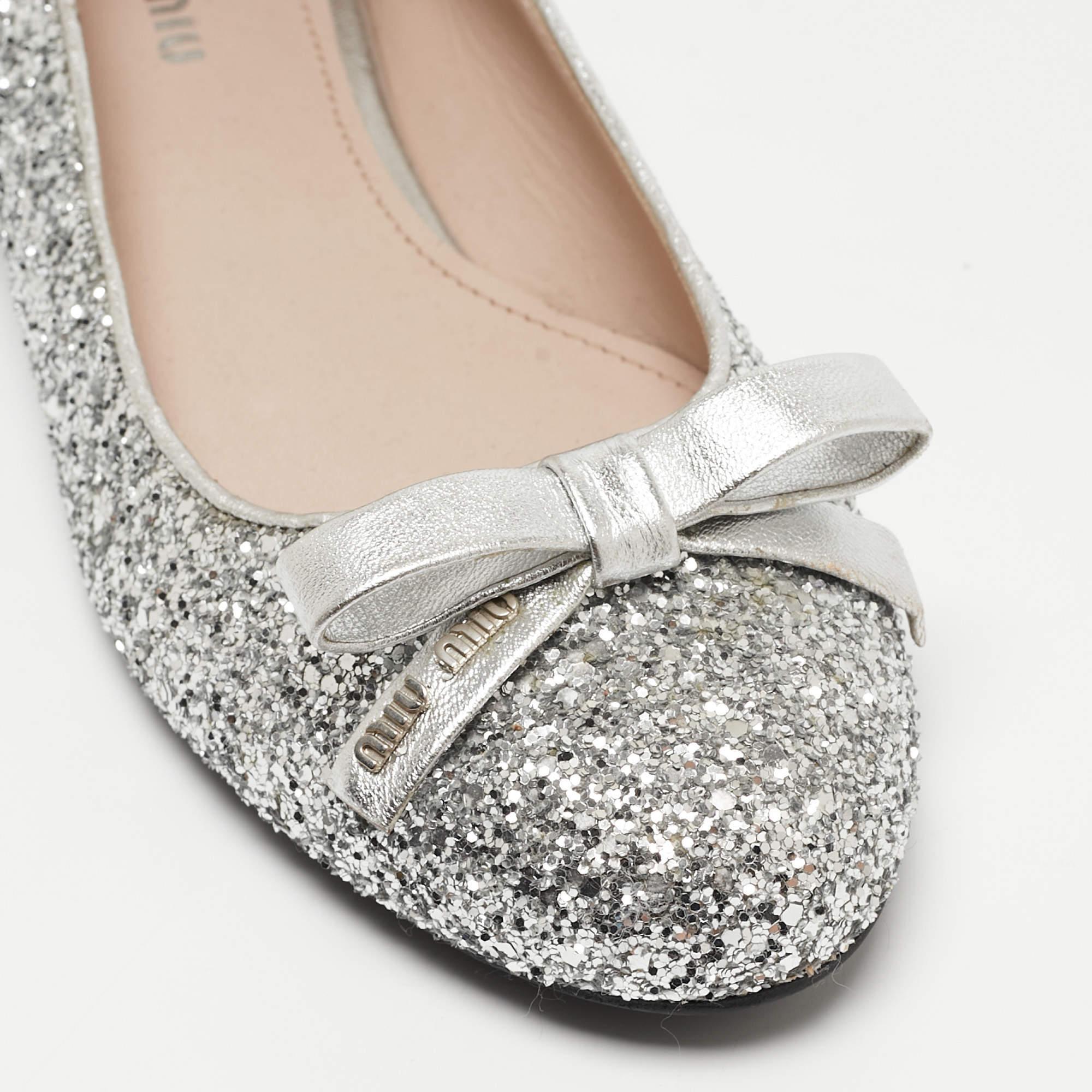 Miu Miu Silver Coarse Glitter Bow Ballet Flats Size 36.5 For Sale 1