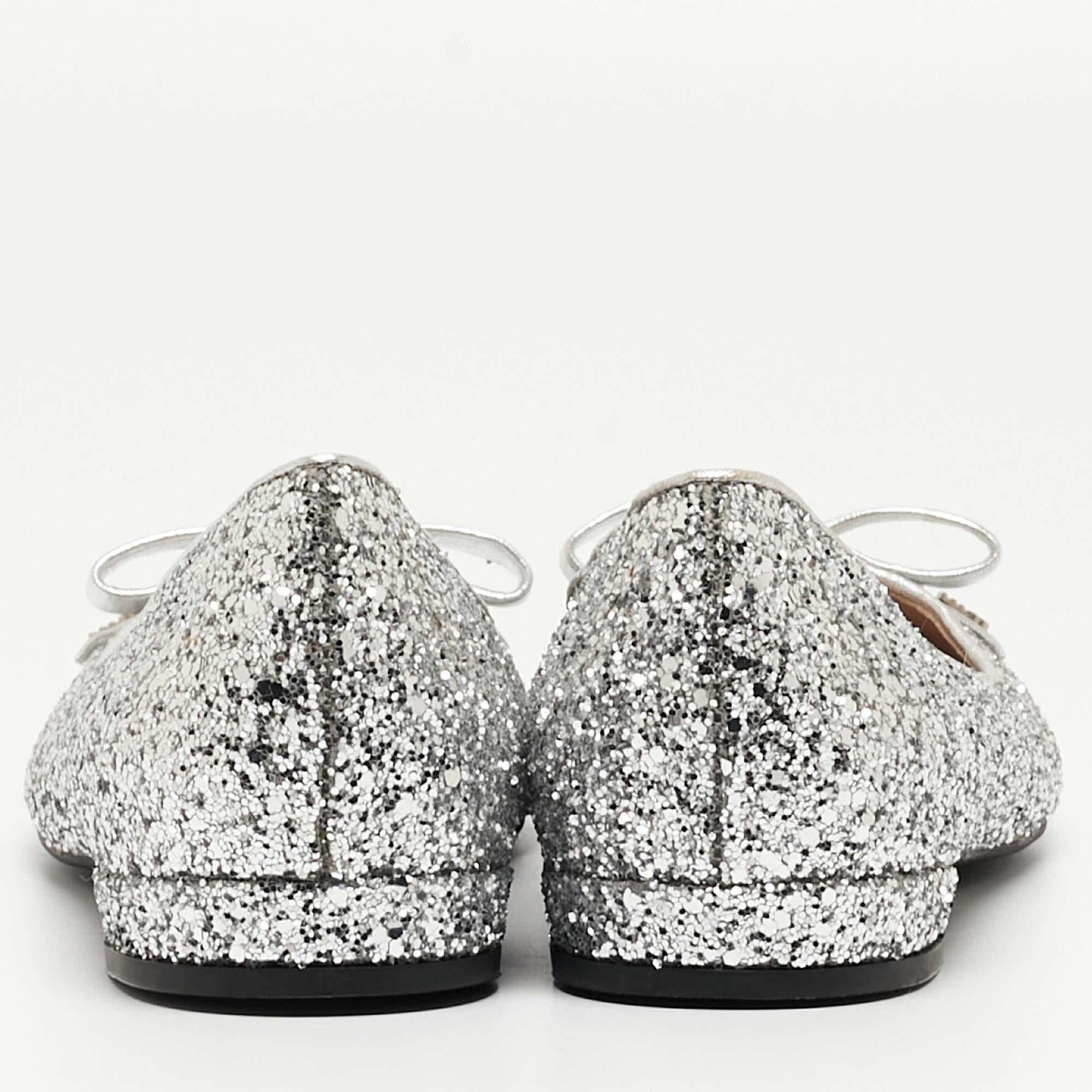 Miu Miu Silver Coarse Glitter Bow Ballet Flats Size 36.5 For Sale 2