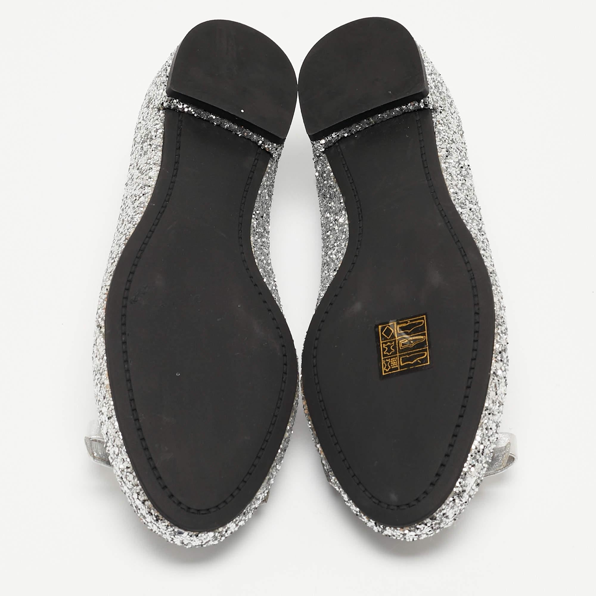 Miu Miu Silver Coarse Glitter Bow Ballet Flats Size 36.5 For Sale 3