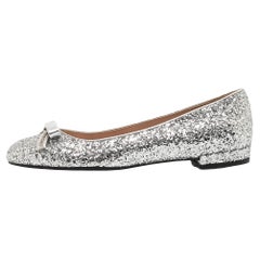 Used Miu Miu Silver Coarse Glitter Bow Ballet Flats Size 36.5