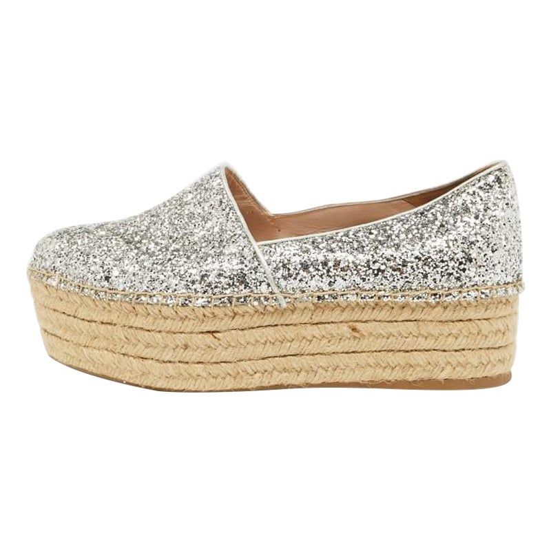 Miu Miu Silver Coarse Glitter Espadrille Platform Loafers Size 37.5