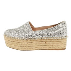 Miu Miu Espadrille Silver Coarse Glitter Platform Loafers Size 37.5