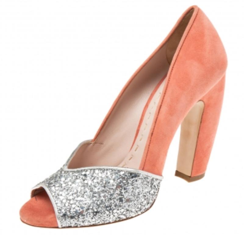 Brown Miu Miu Silver/Coral Pink Coarse Glitter and Suede Peep-Toe Pumps Size 37.5 For Sale