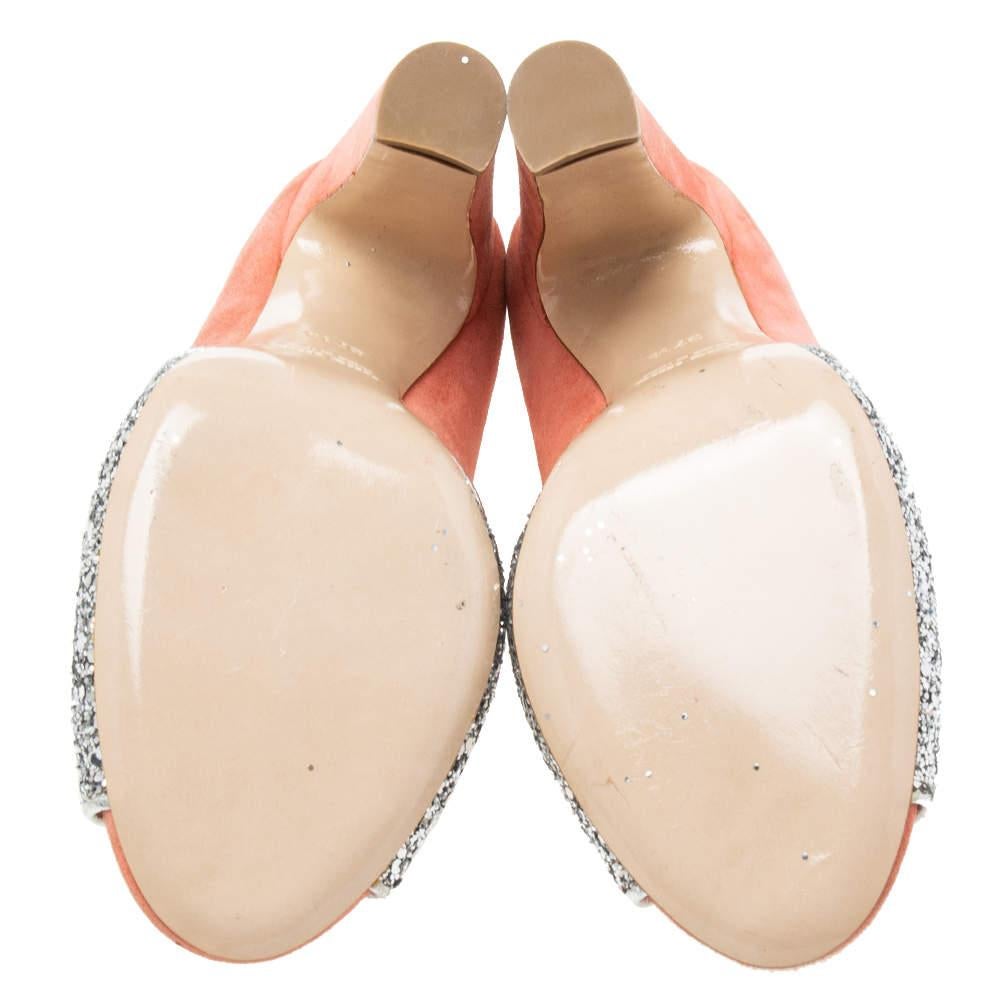 Miu Miu Silver/Coral Pink Coarse Glitter and Suede Peep-Toe Pumps Size 37.5 1