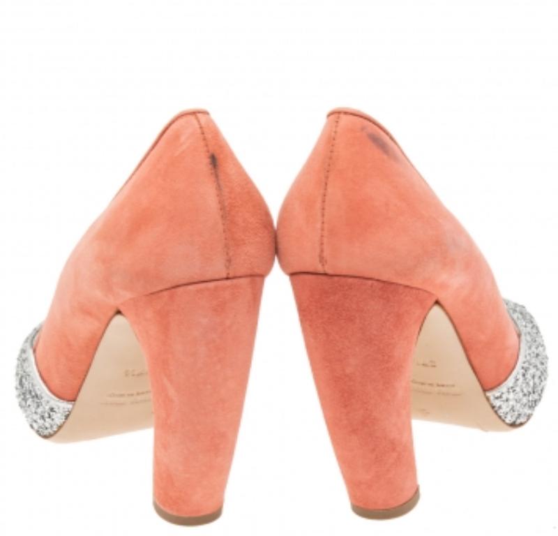 Miu Miu Silver/Coral Pink Coarse Glitter and Suede Peep-Toe Pumps Size 37.5 For Sale 1