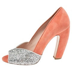 Miu Miu Silver/Coral Pink Coarse Glitter and Suede Peep-Toe Pumps Size 37.5