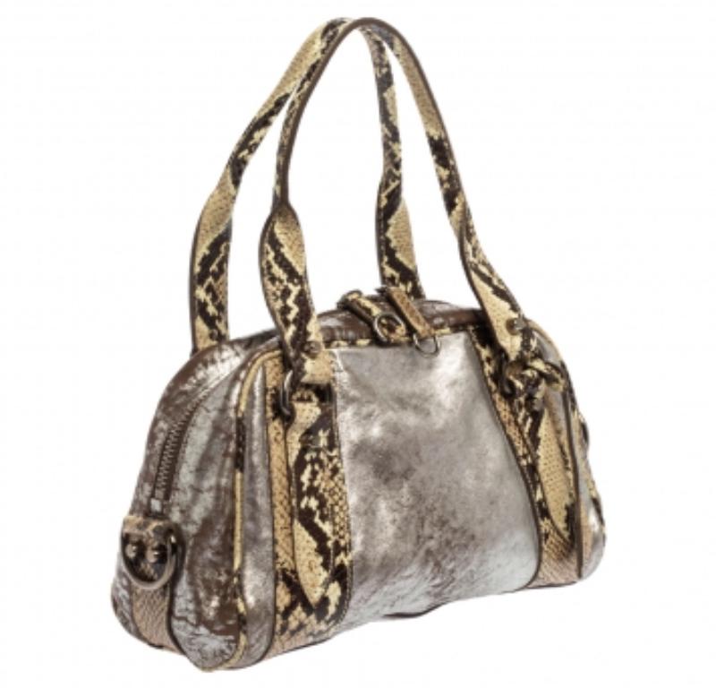 Brown Miu Miu Silver/Cream Leather and Python Zip Satchel For Sale