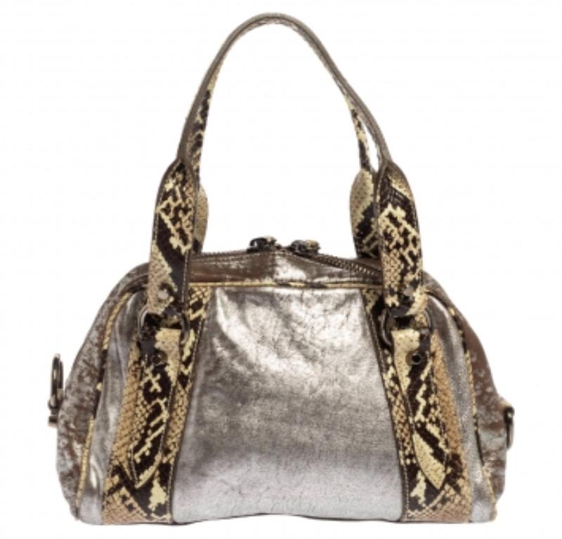 Women's Miu Miu Silver/Cream Leather and Python Zip Satchel For Sale