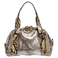 Miu Miu Silver/Cream Leather and Python Zip Satchel