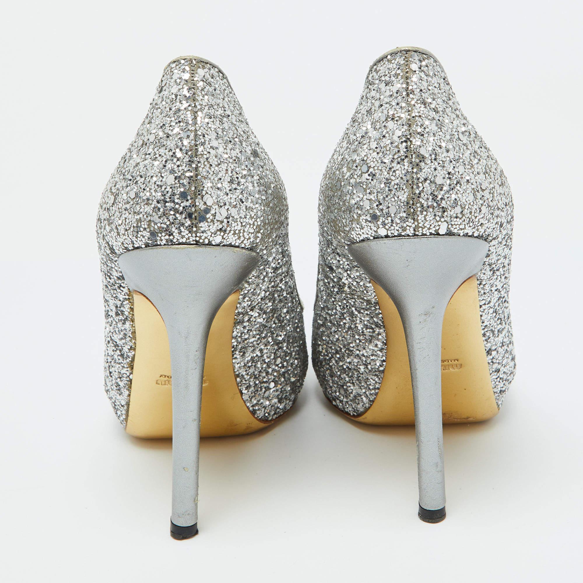 Miu Miu Silver Glitter and Leather Peep Toe Platform Pumps Size 41 For Sale 1