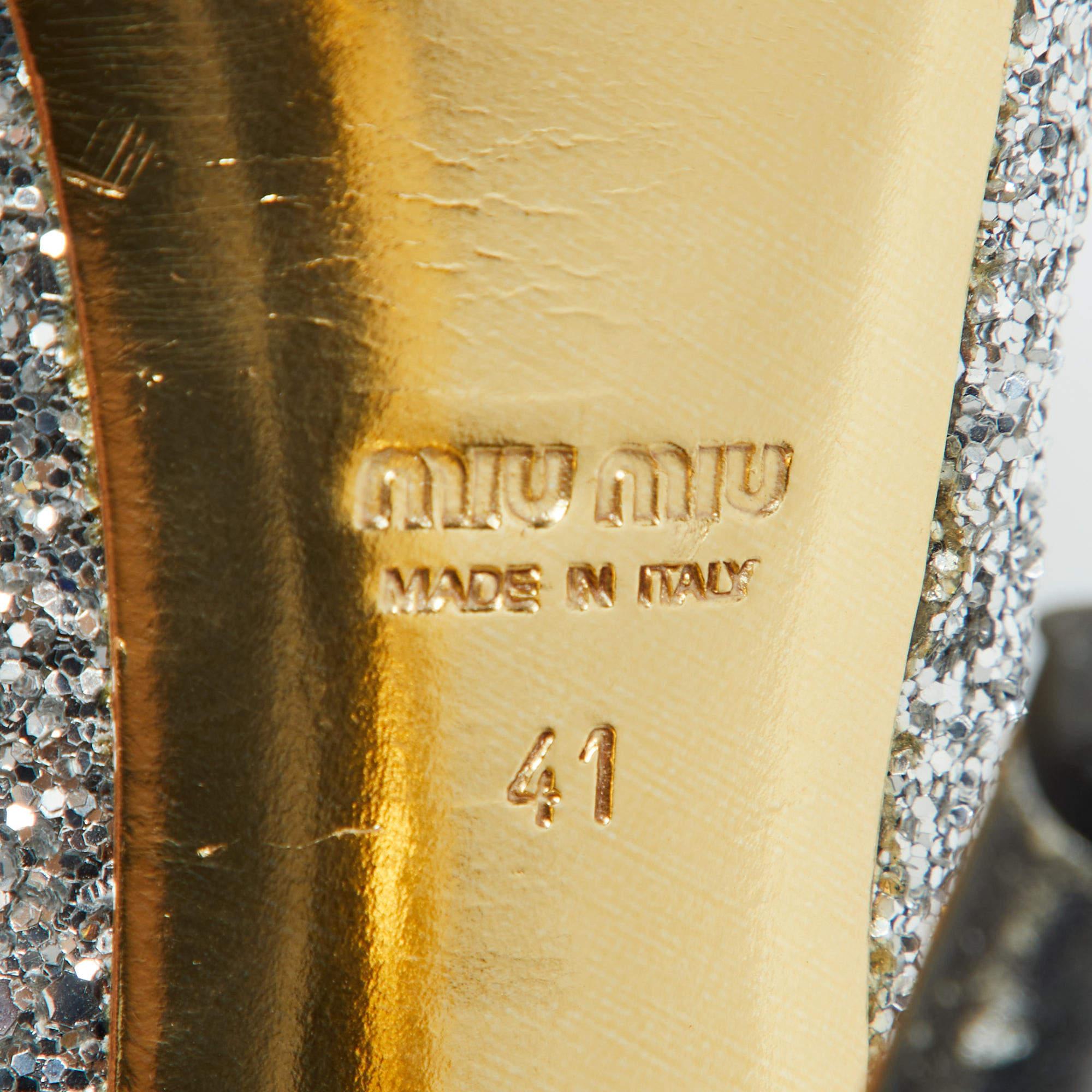 Miu Miu Silver Glitter and Leather Peep Toe Platform Pumps Size 41 For Sale 3