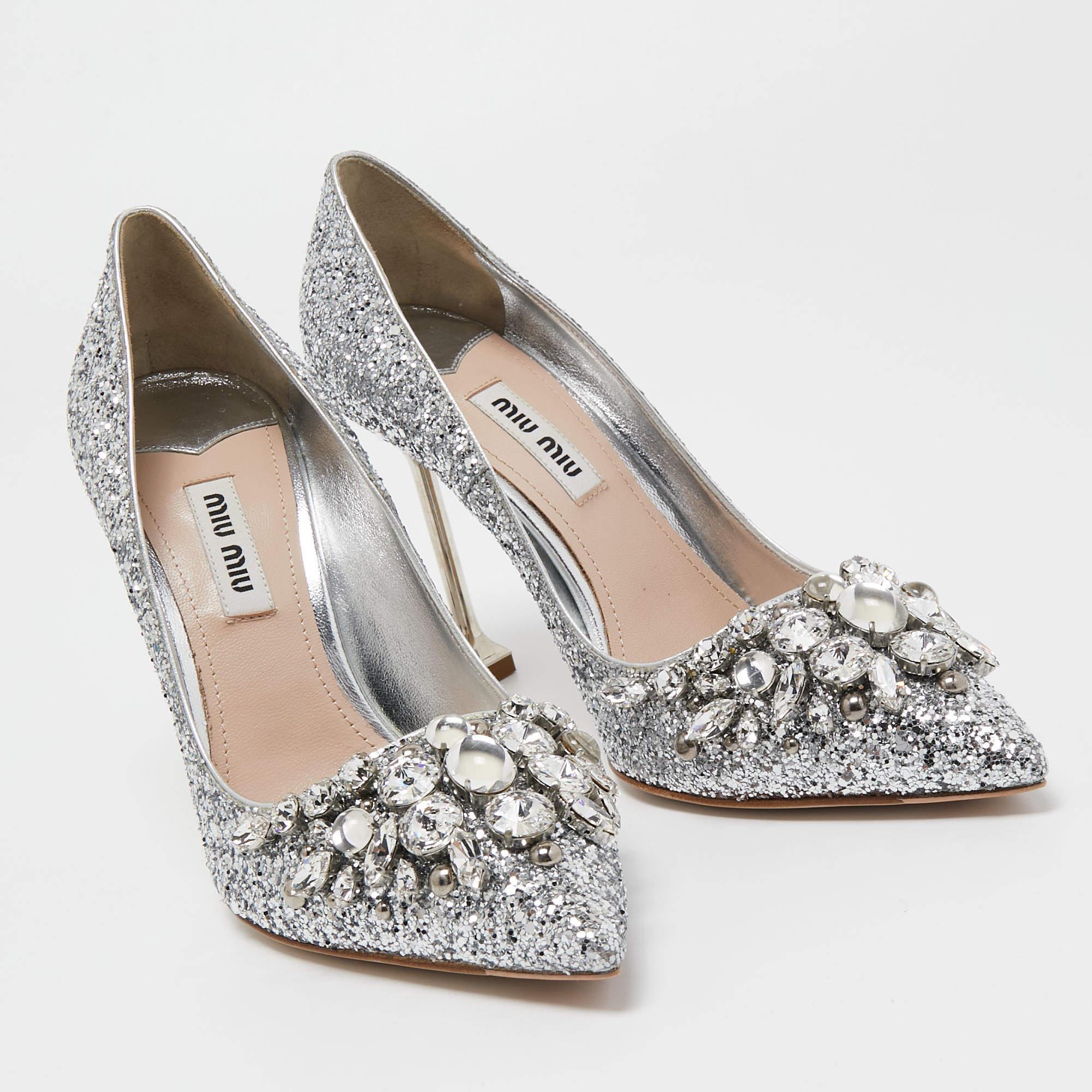 Women's Miu Miu Silver Glitter Crystal Embellished Pointed Toe Pumps Size 35.5