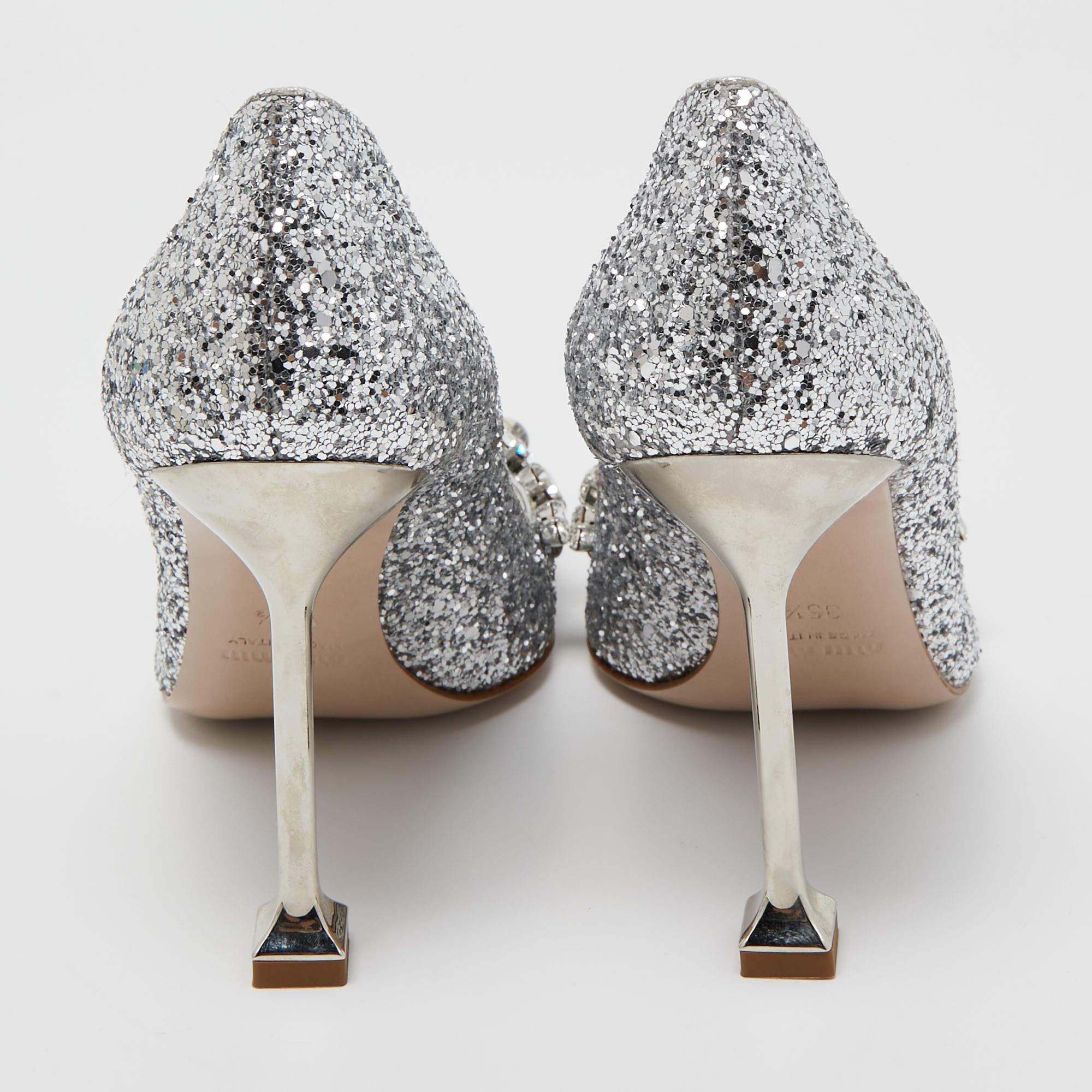 Miu Miu Silver Glitter Crystal Embellished Pointed Toe Pumps Size 35.5 1