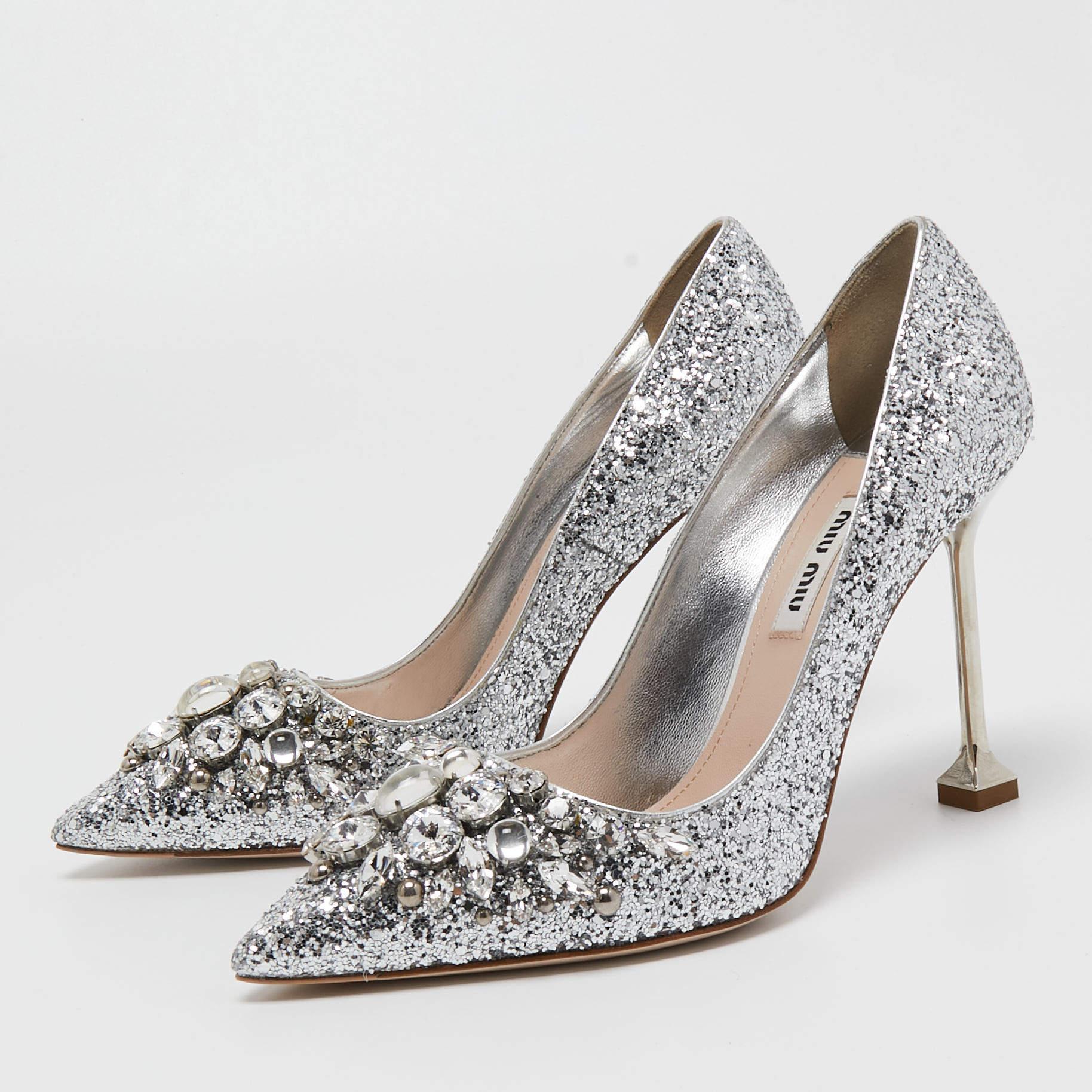 Miu Miu Silver Glitter Crystal Embellished Pointed Toe Pumps Size 35.5 2