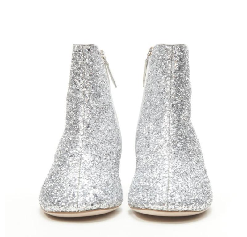 Silver MIU MIU silver glitter large rhinestone crystal heel ankle boots EU37.5