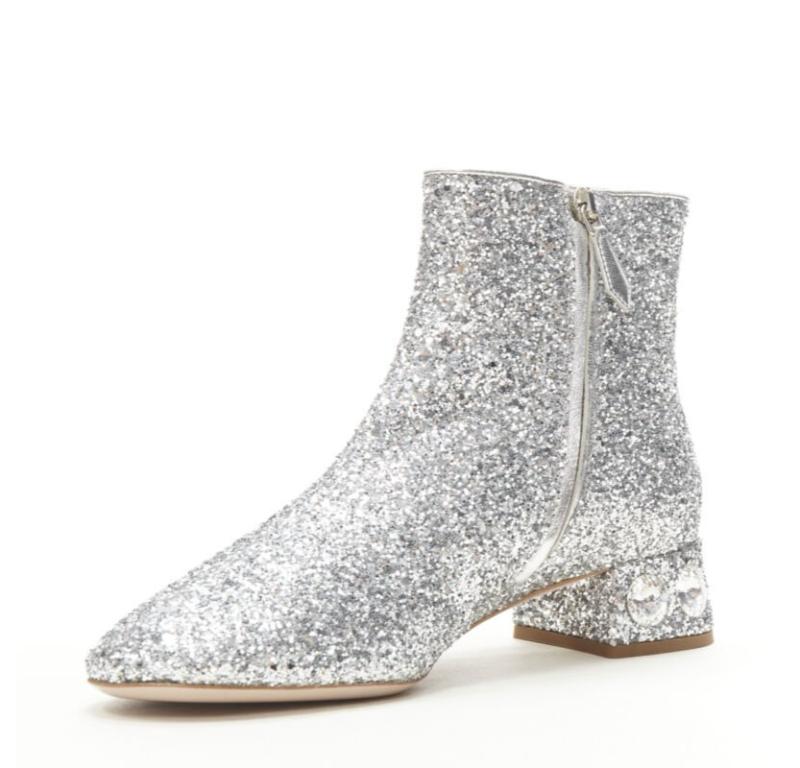 MIU MIU silver glitter large rhinestone crystal heel ankle boots EU37.5 In Excellent Condition In Hong Kong, NT