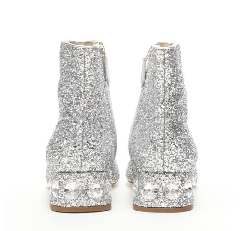 Women's MIU MIU silver glitter large rhinestone crystal heel ankle boots EU37.5