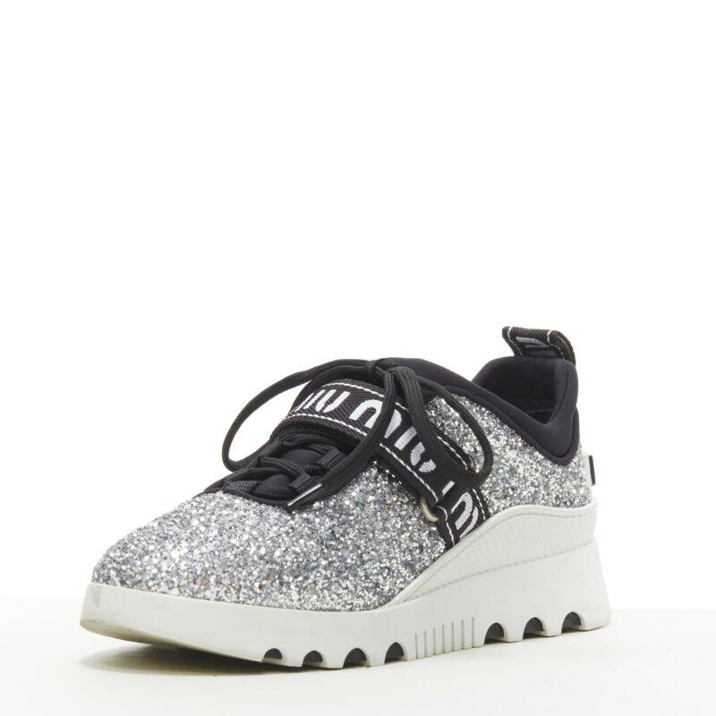 MIU MIU silver glitter logo strap low top runner sneaker EU36 In Excellent Condition In Hong Kong, NT