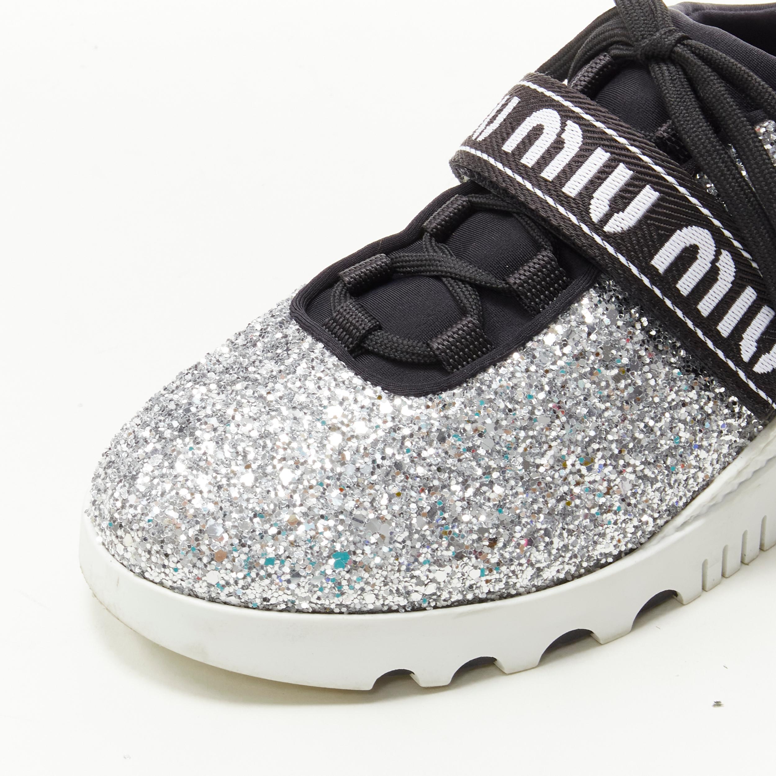 MIU MIU silver glitter logo strap low top runner sneaker EU36 In Excellent Condition For Sale In Hong Kong, NT