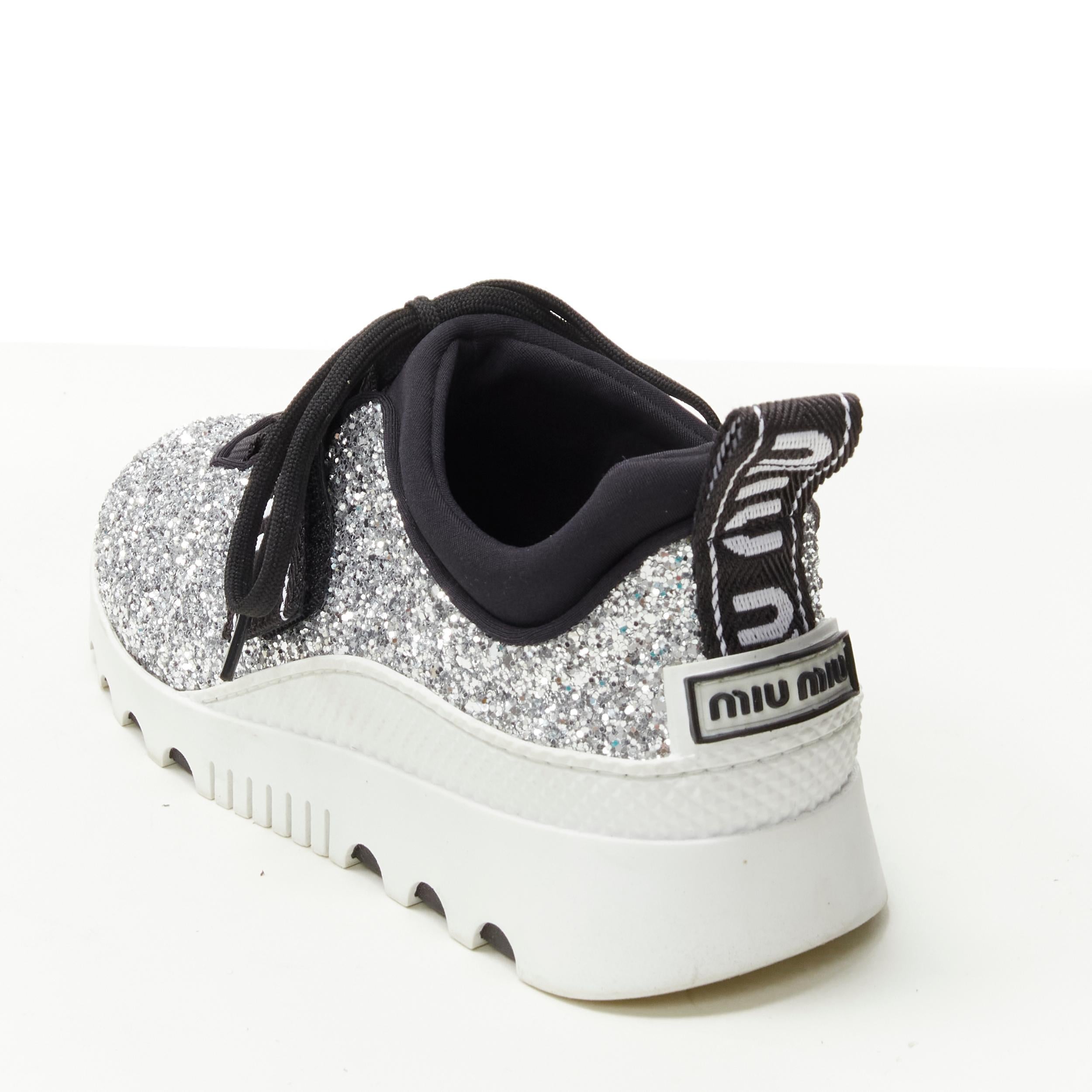 Women's MIU MIU silver glitter logo strap low top runner sneaker EU36 For Sale