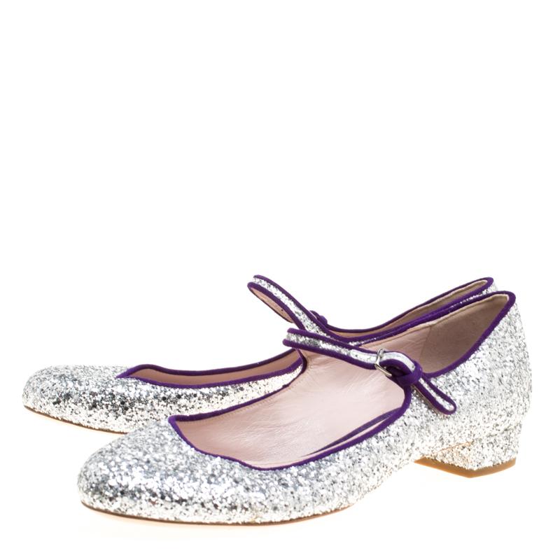 Women's Miu Miu Silver Glitter Mary Jane Ballet Flats Size 39 For Sale
