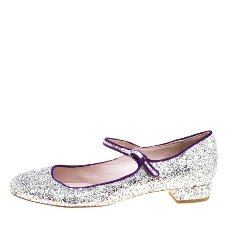 Miu Miu Silver Glitter Mary Jane Ballet Flats Size 39 For Sale 3