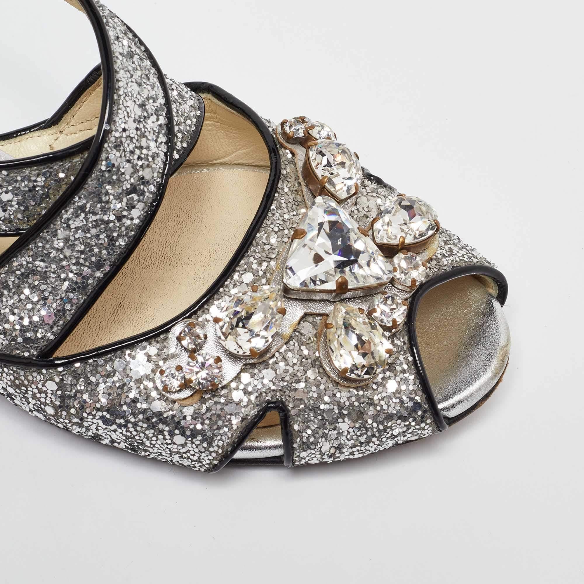 Miu Silber Glitter & Lackleder verschönert Knöchelriemen Sandalen Größe 36 3