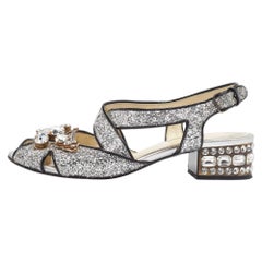 Miu Miu Silver Glitter & Patent Leather Embellished Ankle Strap Sandals Size 36
