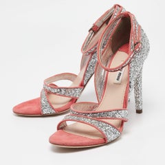 Miu Miu Silver Glitter Suede Ankle Strap Sandals Size 40
