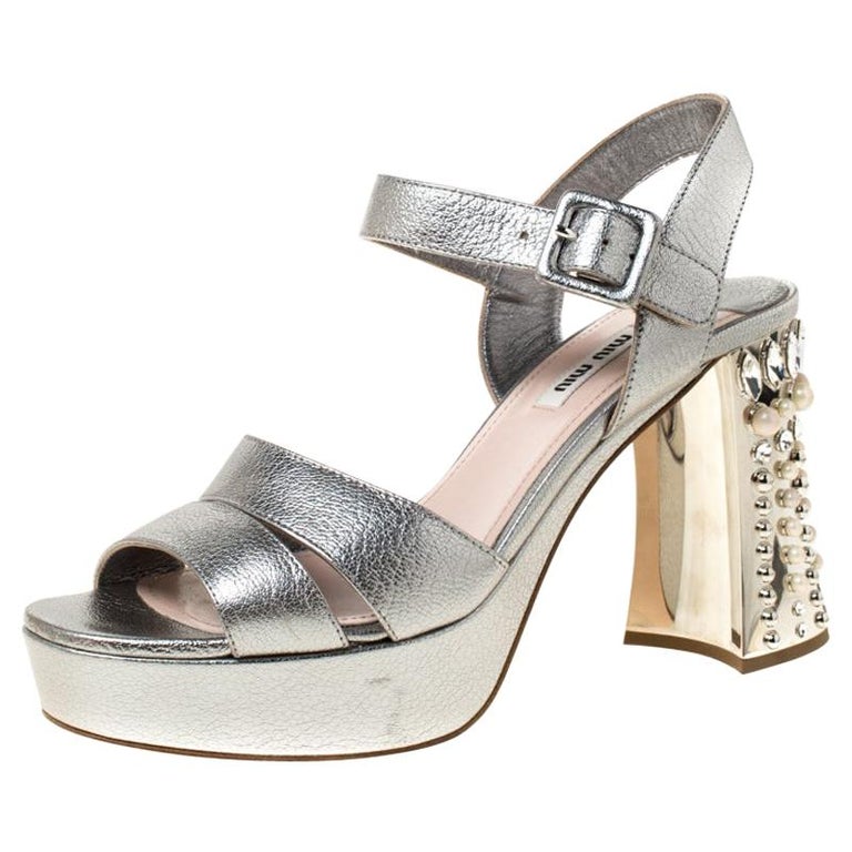 Miu Miu Silver Leather Crystal Embellished Block Heel Ankle Strap ...